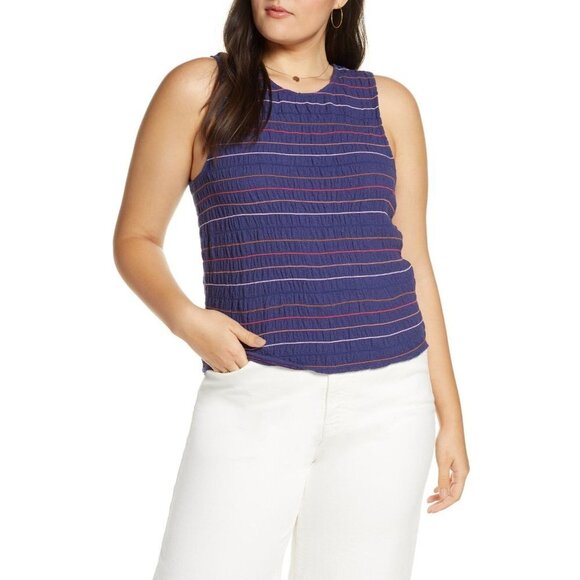 Madewell Texture & Thread Rainbow-Stitch Blue Smocked Tank, Size X-Small - Blue - Picture 1 of 3